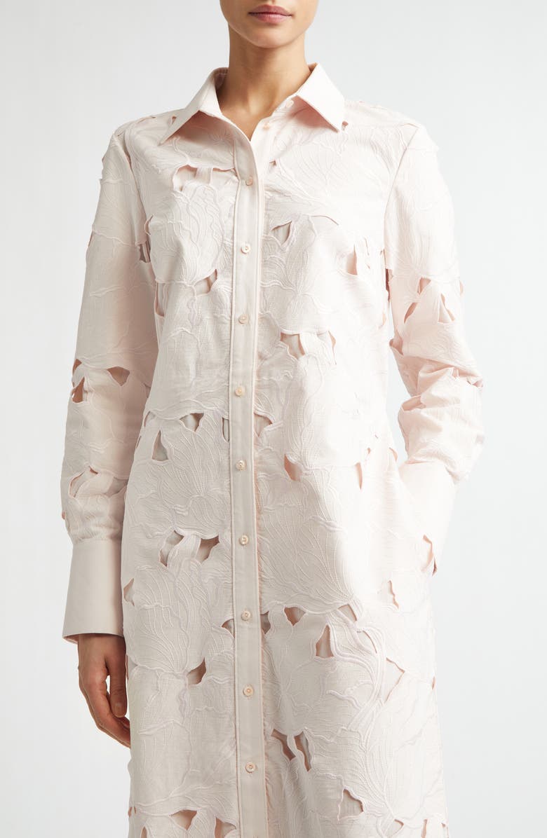 Erdem Floral Cutwork Belted Long Sleeve Poplin Shirtdress, Alternate, color, Cameo Pink