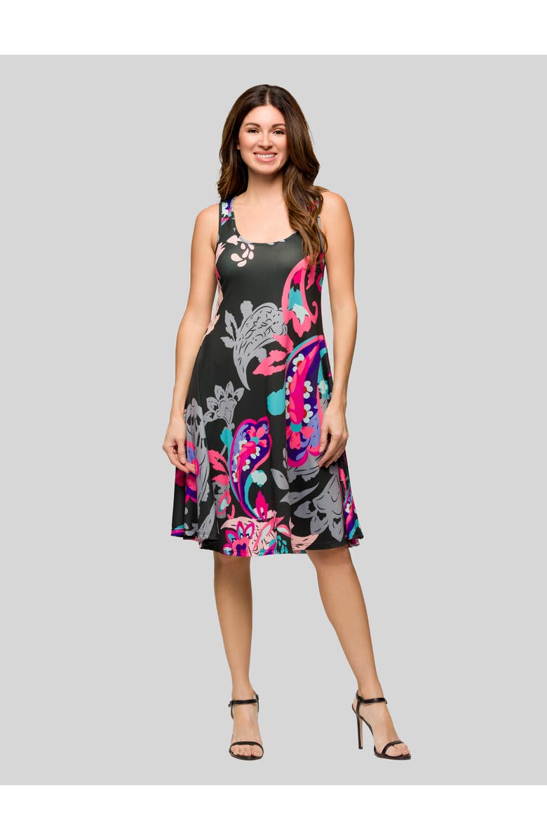24seven Comfort Apparel Pink Paisley Print Sleeveless Knee Length Tank Swing Dress, Main, color, Black Multi