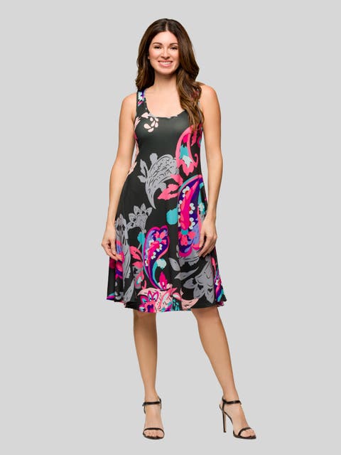 Pink Paisley Print Sleeveless Knee Length Tank Swing Dress