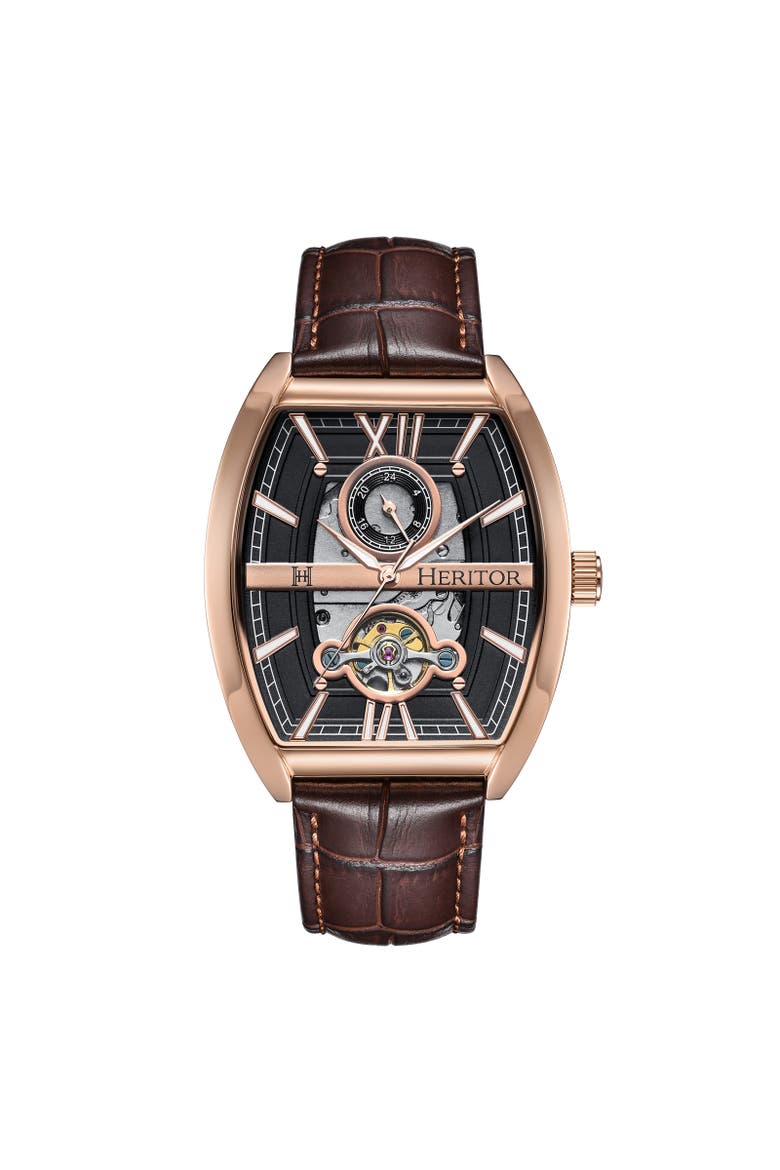 Masterson Semi-Skeleton Leather-Band Watch, Main, color, Rose Gold/Brown
