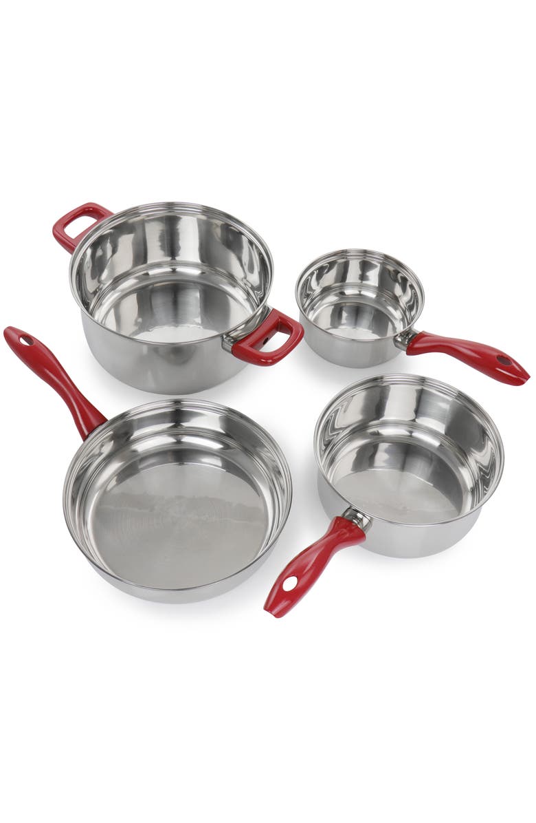 Gibson Home Crawson 7 Piece Stainless Steel Cookware Set in Chrome with Handles, Alternate, color, Red