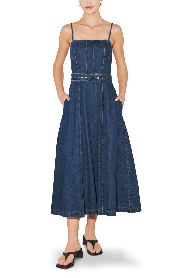 Pleated Square Neck Denim Midi Dress, Main, color, INDIGO