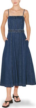 FREEMARKET Pleated Square Neck Denim Midi Dress