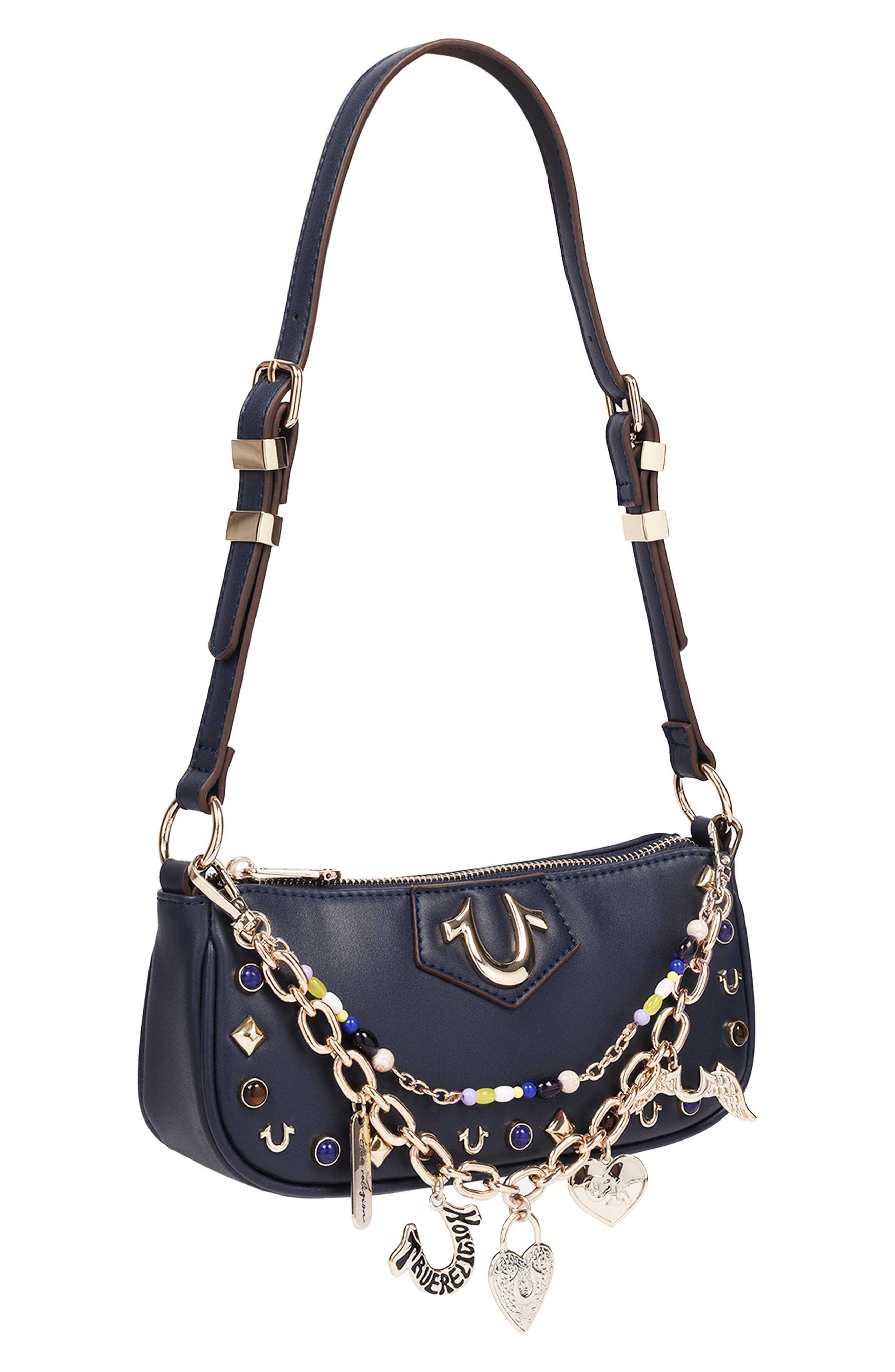 Studded Chain Faux Leather Shoulder Bag, Alternate, color, NAVY