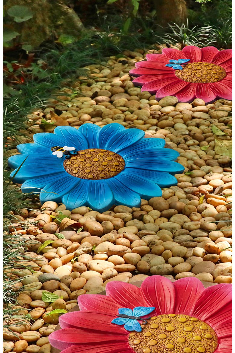 Set of 2 Cement Flower Style and Textured Stepping Stones with Butterfly and Bee, Alternate, color, Blue