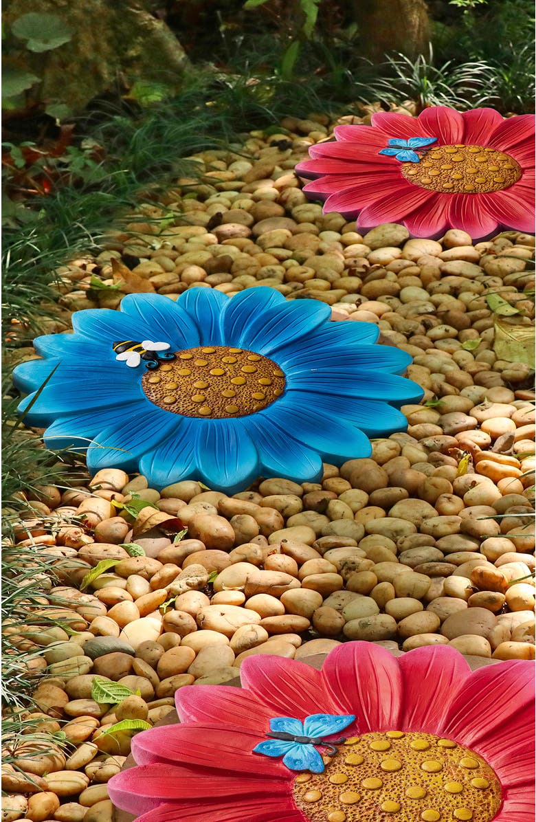 Glitzhome Set of 2 Cement Flower Style and Textured Stepping Stones with Butterfly and Bee, Alternate, color, Blue