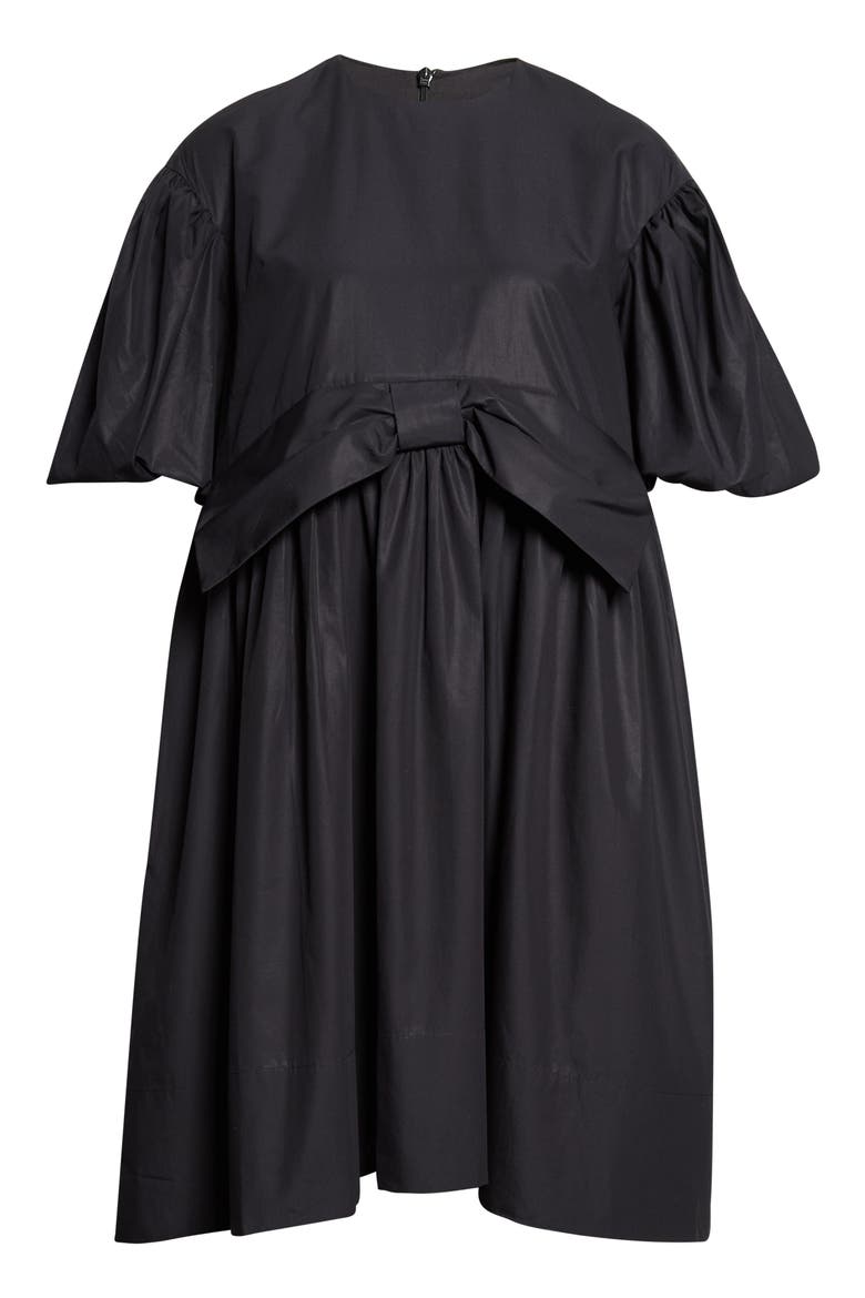 Gathered Bow Puff Sleeve Cotton Dress, Main, color, BLACK