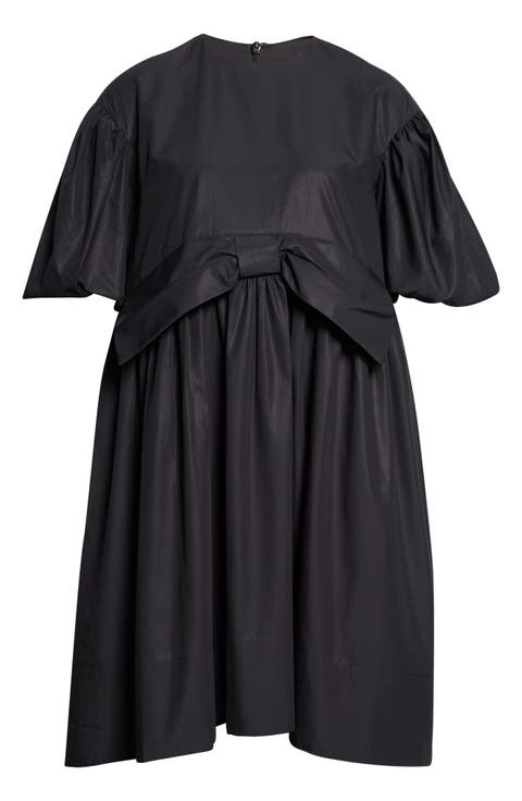 Gathered Bow Puff Sleeve Cotton Dress