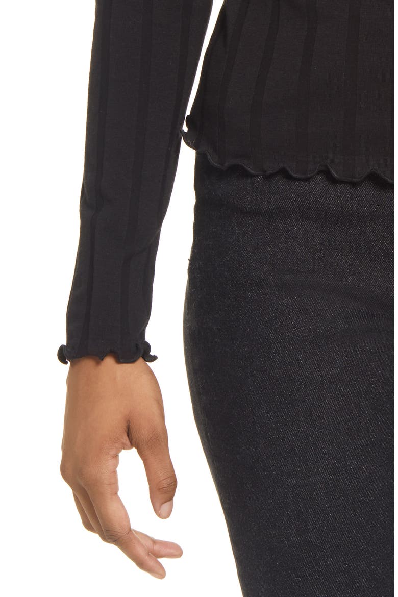 Lettuce Edge Ribbed Cotton Blend Turtleneck Top, Alternate, color, BLACK