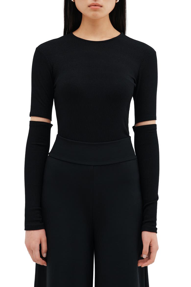 Stockholm Slit Sleeve Rib Top, Main, color, BLACK