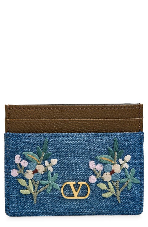 VLOGO Signature Embroidered Denim & Leather Card Case