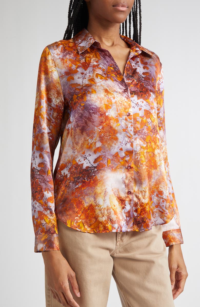 L'AGENCE Tyler Leaf Print Silk Button-Up Shirt, Alternate, color, Mauve Multi Autumn Leaves