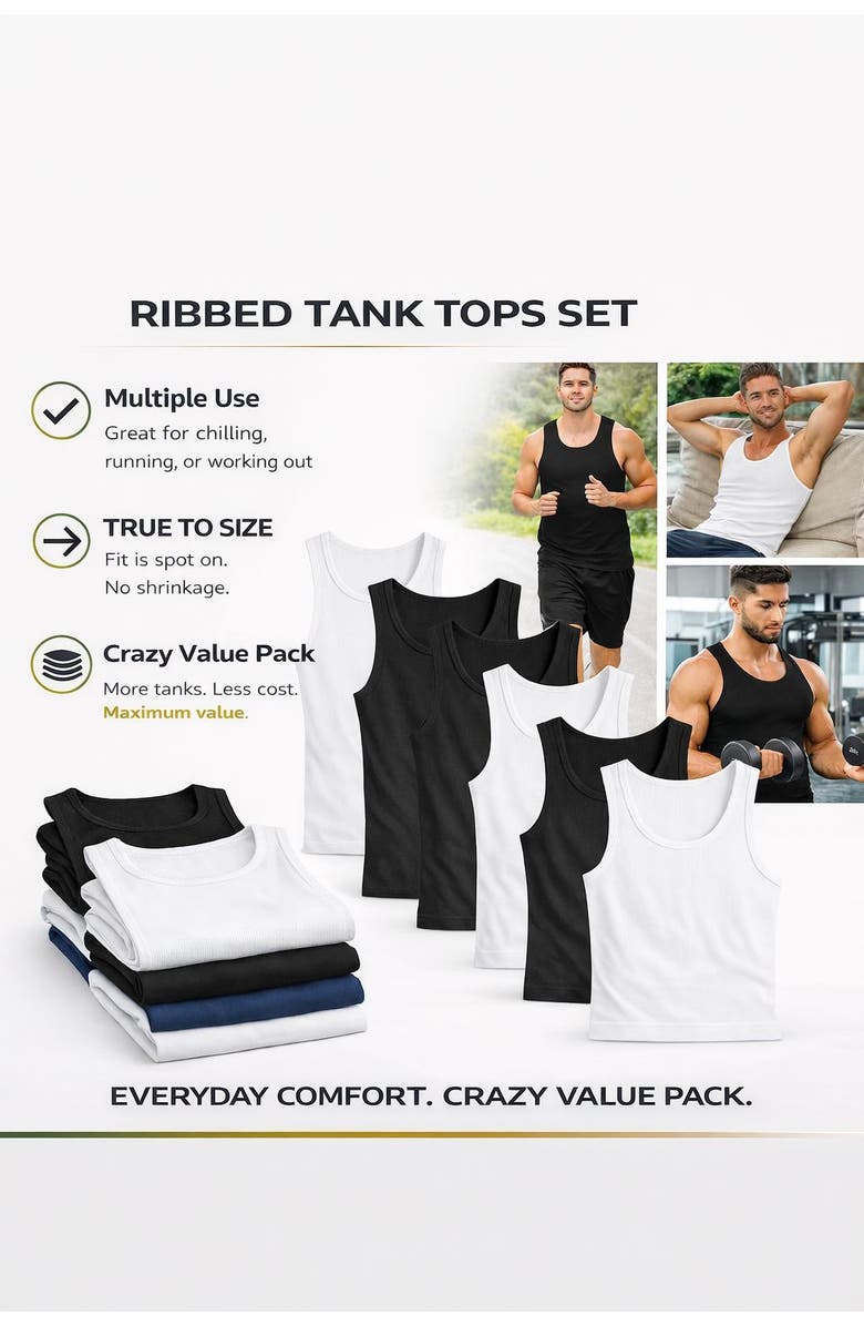 BenBen Mens 10 Pack Ribbed Tank Tops Classic Fit, Alternate, color, Black/Grey