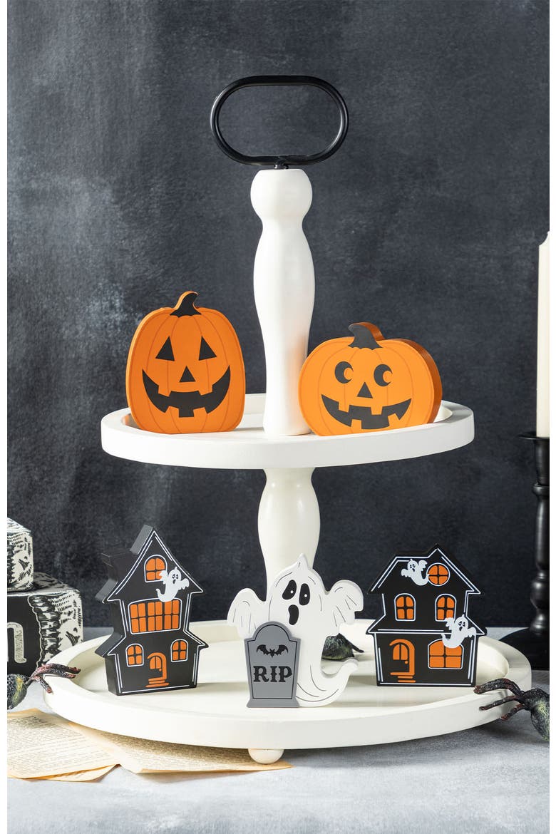 Set of 5 Halloween Wooden Haunted House, Pumpkin & Ghost Table Block Set, Alternate, color, Black