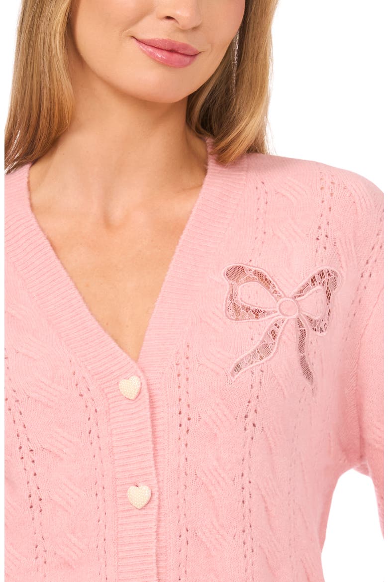 Pointelle Stitch Lace Bow Cardigan, Alternate, color, CORAL BLUSH