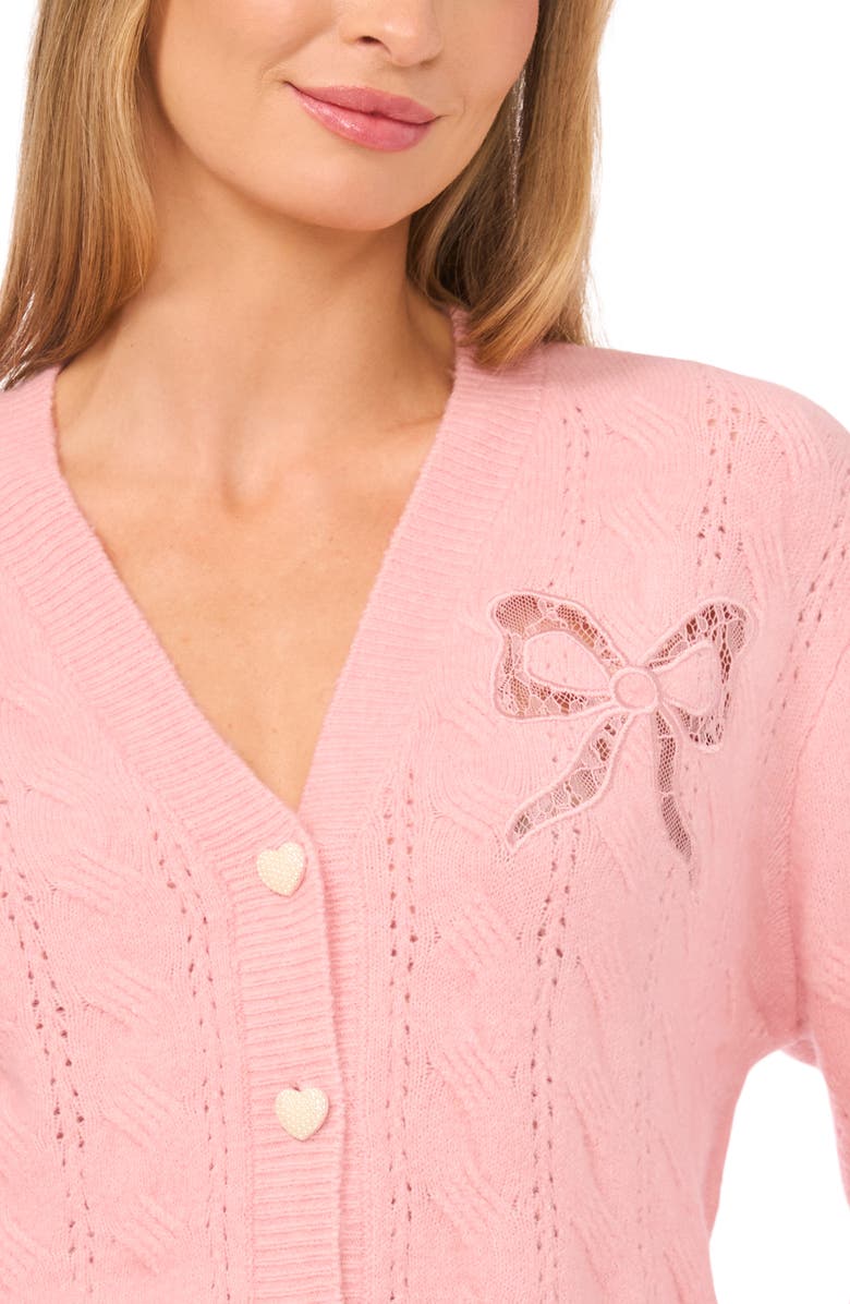 CeCe Pointelle Stitch Lace Bow Cardigan, Alternate, color, Coral Blush