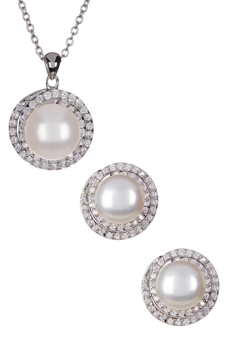 8.5-9mm Cultured Freshwater Pearl Double Halo Pendant Necklace & Earrings Set, Main, color, WHITE