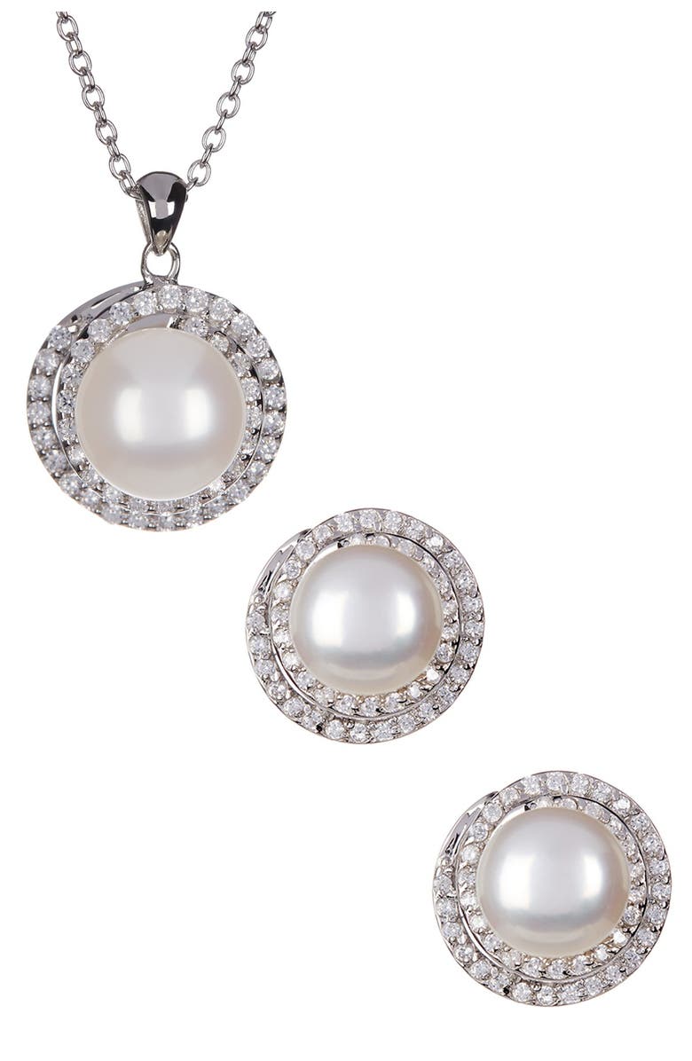 SPLENDID PEARLS 8.5-9mm Cultured Freshwater Pearl Double Halo Pendant Necklace & Earrings Set, Main, color, White