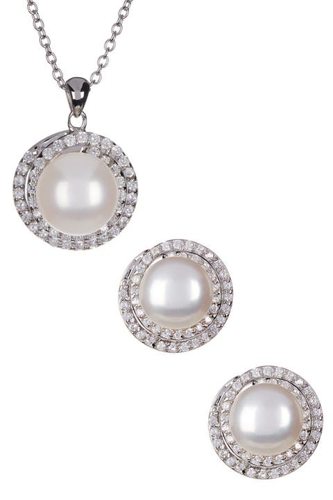 8.5-9mm Cultured Freshwater Pearl Double Halo Pendant Necklace & Earrings Set
