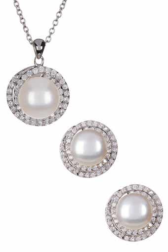 SPLENDID PEARLS 8.5-9mm Cultured Freshwater Pearl Double Halo Pendant Necklace & Earrings Set
