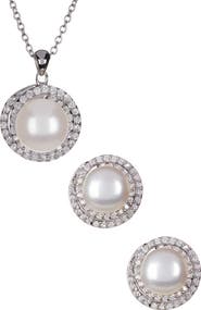 SPLENDID PEARLS 8.5-9mm Cultured Freshwater Pearl Double Halo Pendant Necklace & Earrings Set