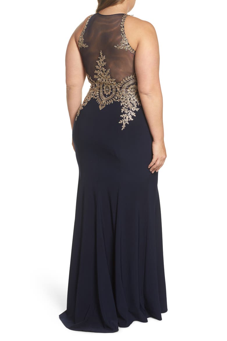 Xscape Embellished Mermaid Gown, Alternate, color, NAVY/ GOLD