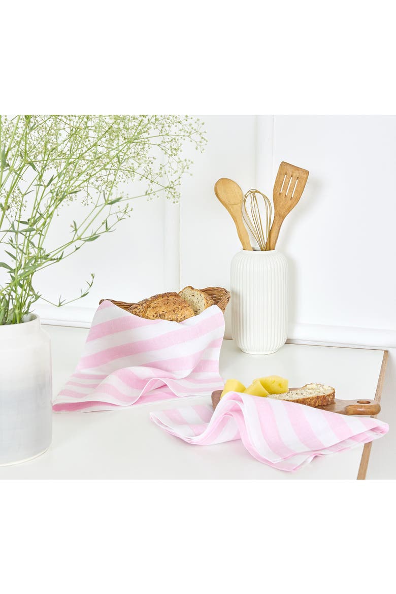 Linen Kitchen Towels Set of 2, 17 x 26" - Sorrento Stripe, Alternate, color, Pink and White
