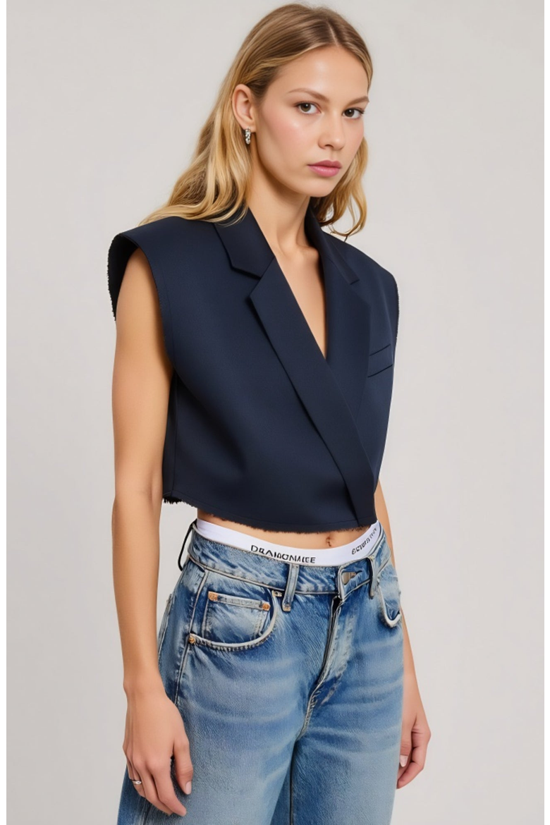 Sleeveless Cropped Tailored Collar Raw Edge Hem Blazer Vest, Alternate, color, Blue