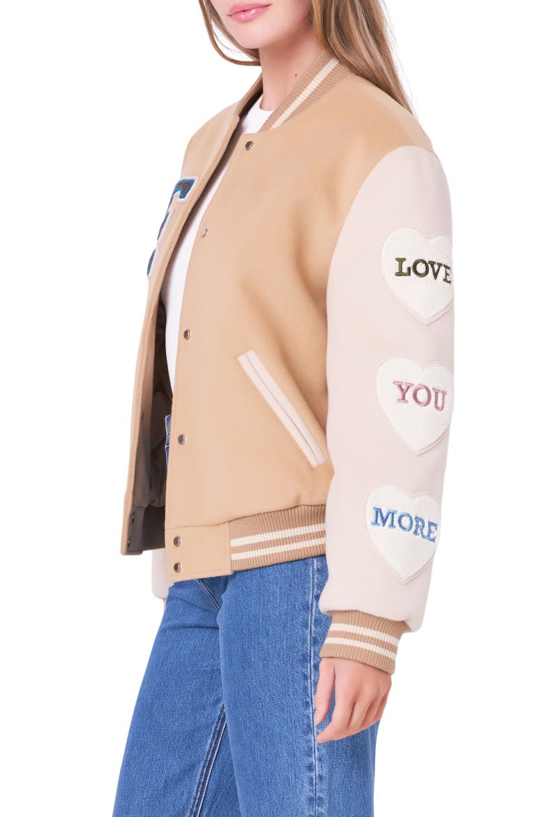Love Varsity Jacket, Alternate, color, TAN MULTI