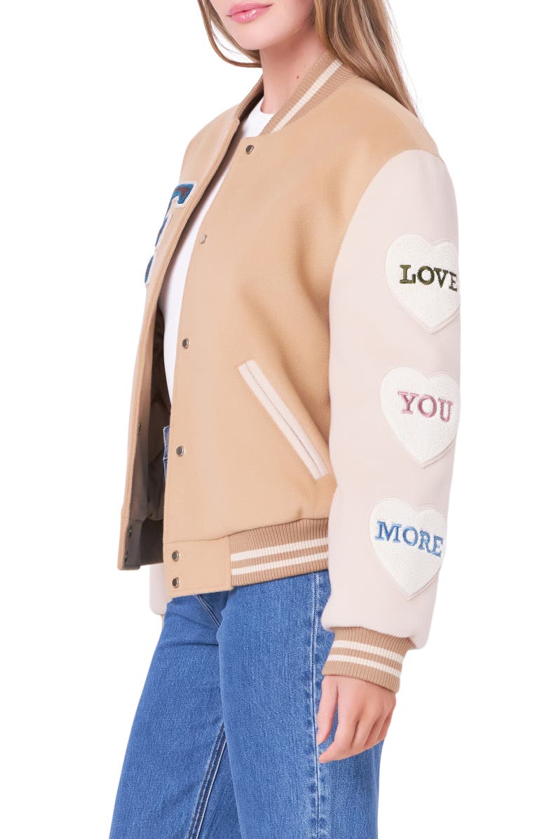 English Factory Love Varsity Jacket, Alternate, color, Tan Multi