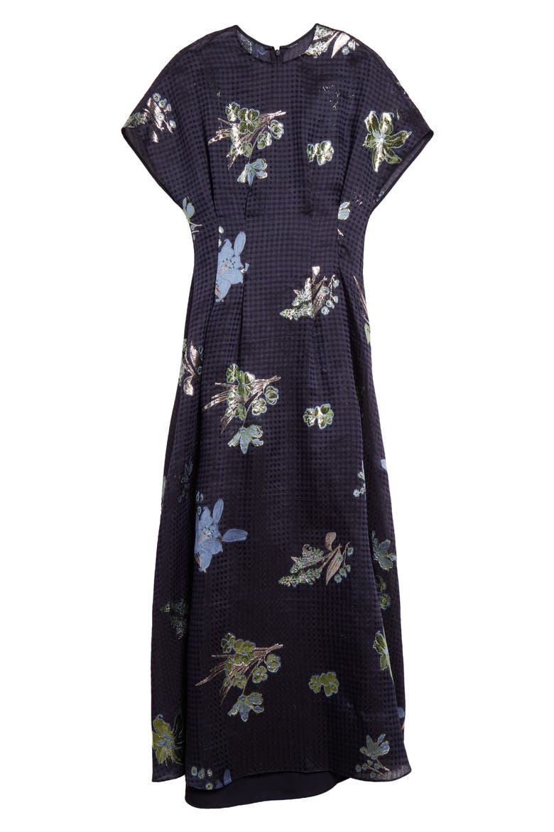 Floral Pleated Metallic Gingham Linen & Silk Blend Dress, Alternate, color, NAVY