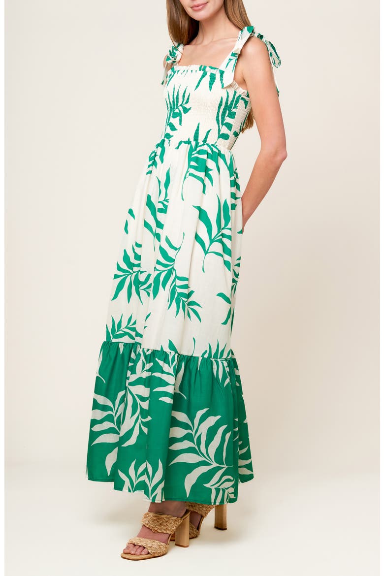 Leaf Print Tie Strap Tiered Maxi Dress, Alternate, color, IVORY GREEN