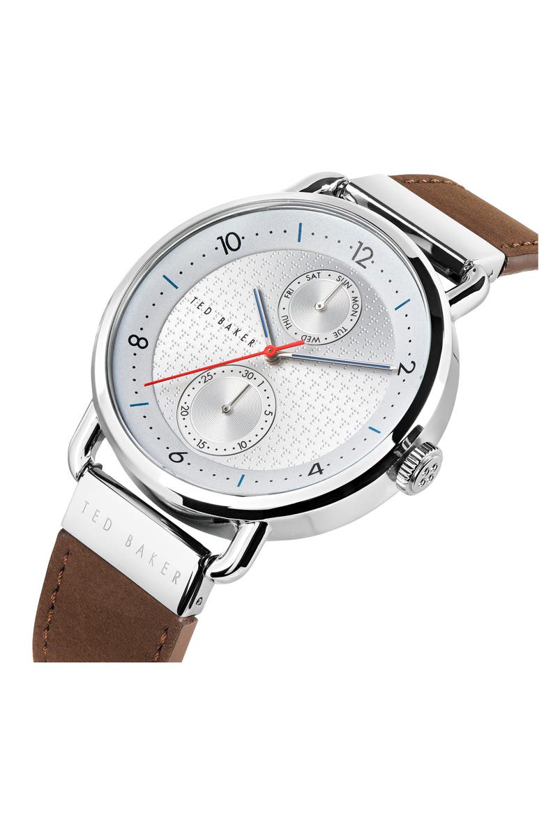 Brixam Multifunction Leather Strap Watch, 42mm, Alternate, color, BROWN/ SILVER