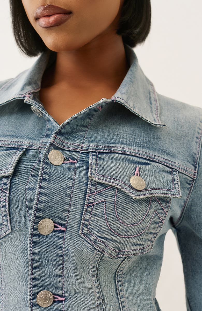 True Religion Jesse Crop Denim Trucker Jacket, Alternate, color, Light Sparklin Pear Wash