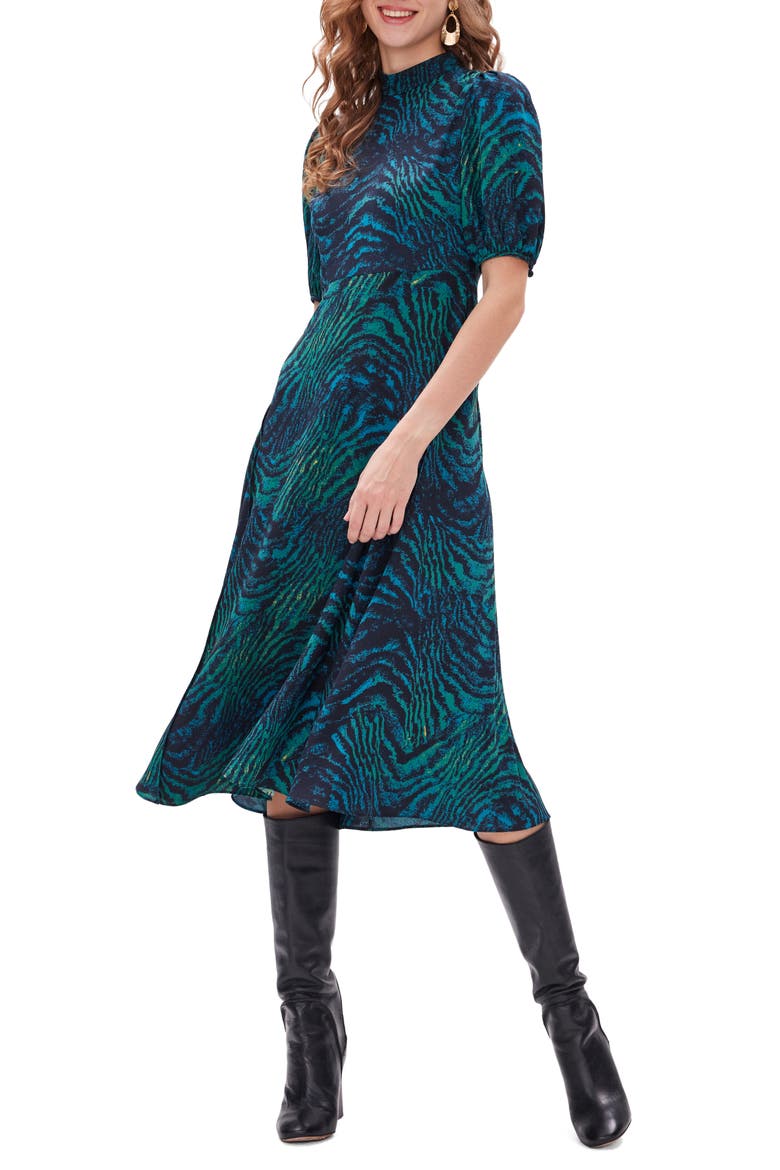 Nella Tiger Print Mock Neck Midi Dress, Main, color, MOIRE TIGER