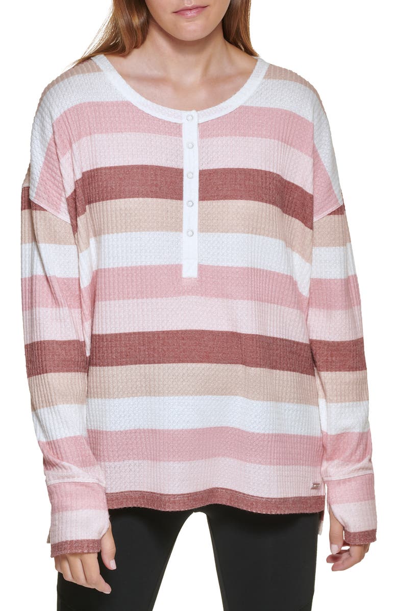 Andrew Marc Stripe Long Sleeve Waffle Knit High-Low Top, Main, color,