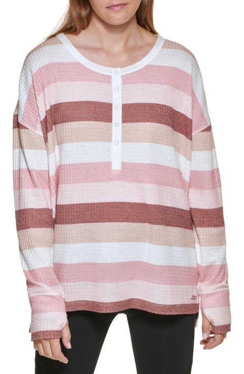 Stripe Long Sleeve Waffle Knit High-Low Top