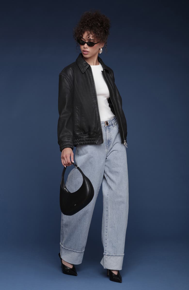 Avec Les Filles Leather Bomber Jacket with Embroidered Trim, Alternate, color, Black