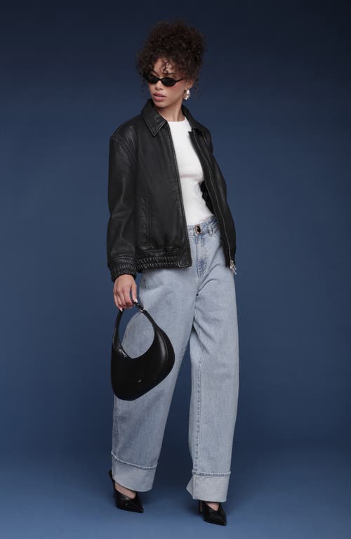 Avec Les Filles Leather Bomber Jacket With Embroidered Trim In Black