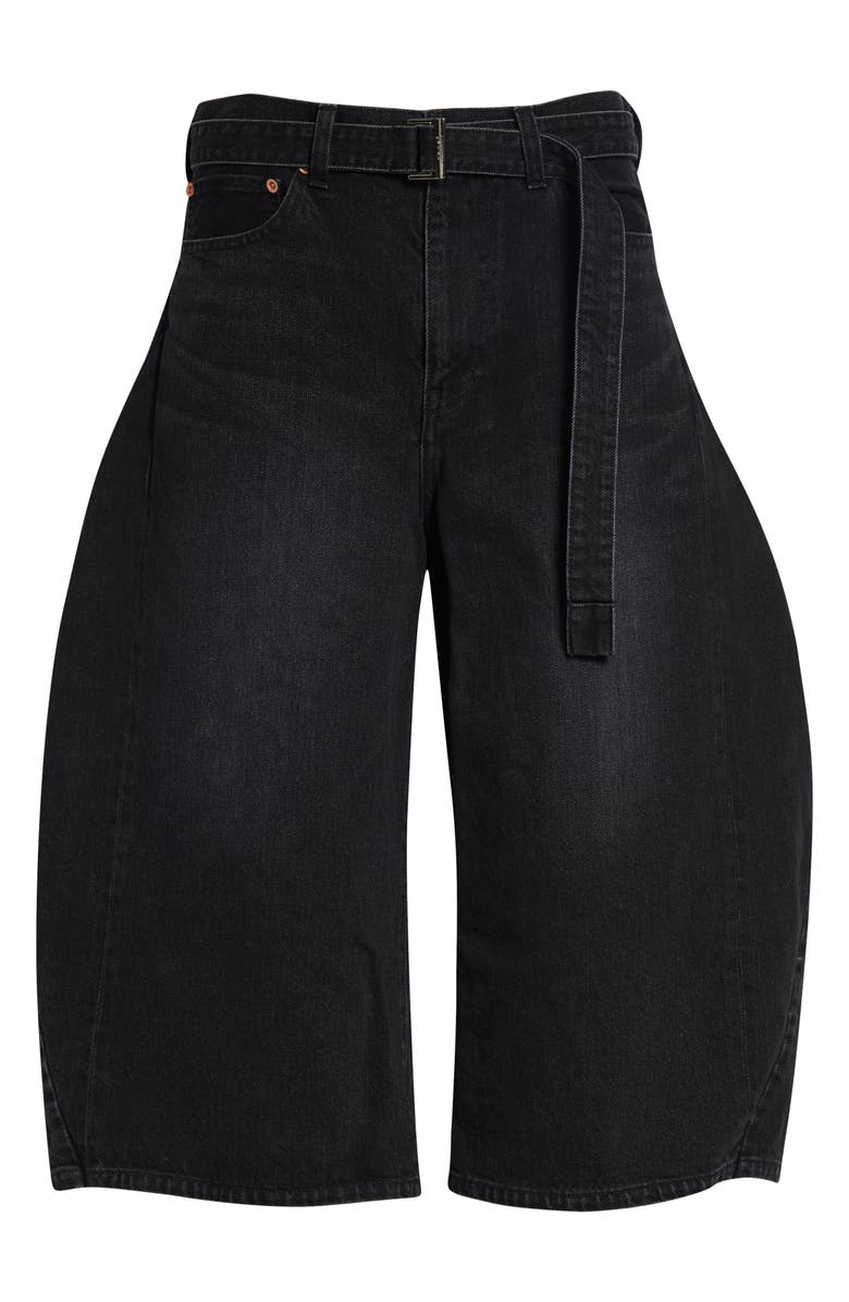 Sacai Belted Crop Denim Barrel Leg Jeans, Main, color, Black