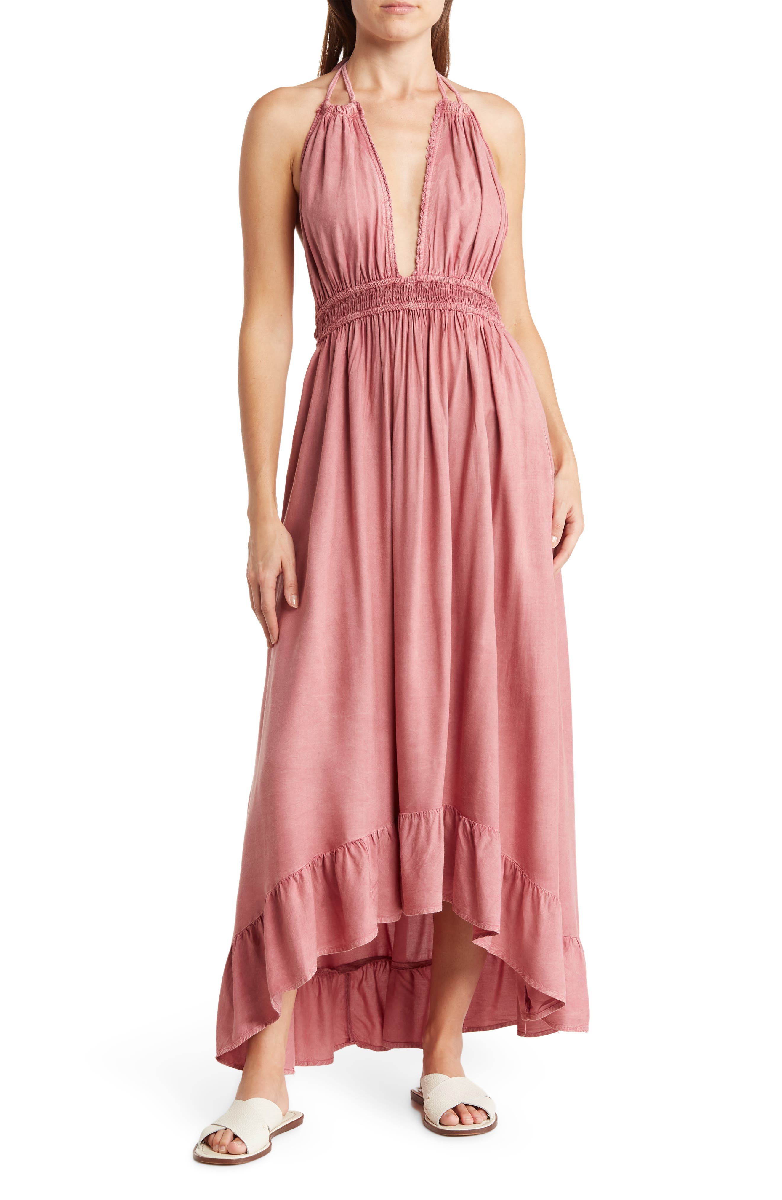 BOHO ME Open Back Plunge Neck Ombré Halter Dress