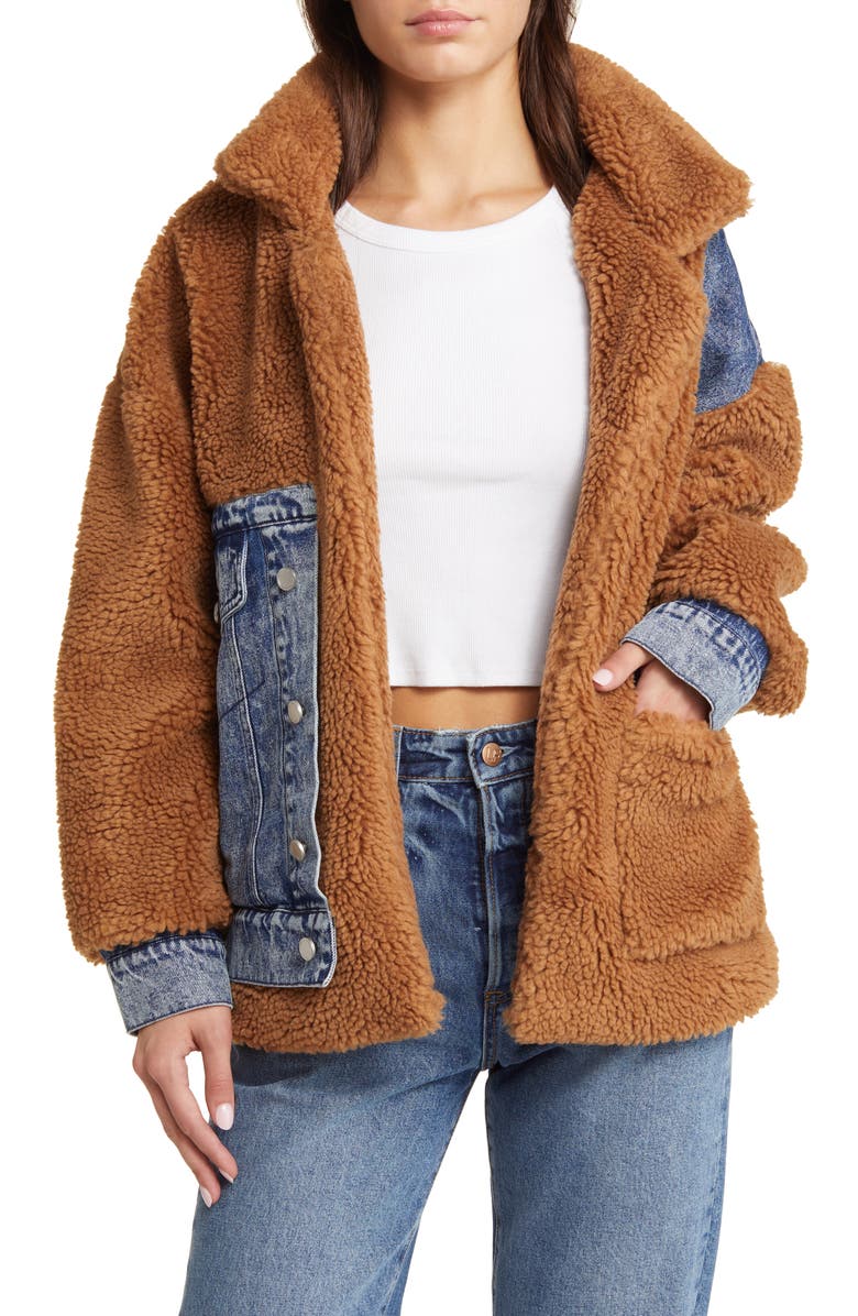 BLANKNYC Denim Patchwork Faux Shearling Teddy Coat, Main, color, 