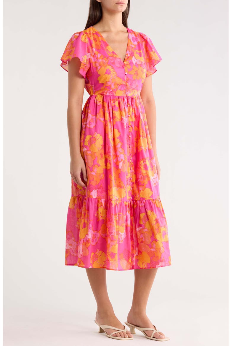 Elaris Floral Blissa Cotton Button-Up Midi Dress, Alternate, color, FUCHSIA-ORANGE-MUL