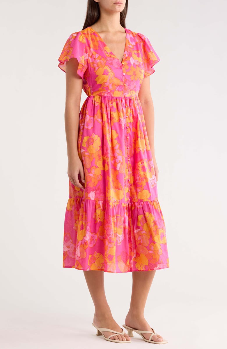 SUGARLIPS Elaris Floral Blissa Cotton Button-Up Midi Dress, Alternate, color, Fuchsia-Orange-Mul