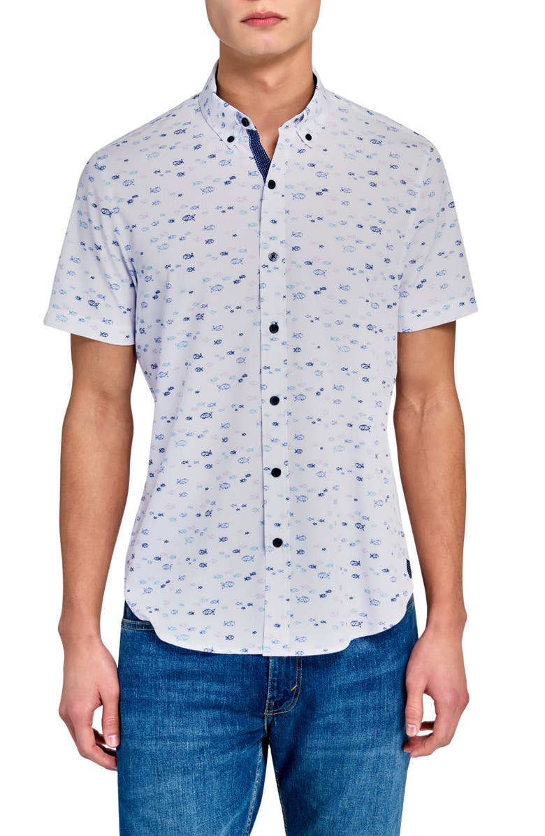 CONSTRUCT Fish Short Sleeve Woven Button Down Shirt, Main, color, White