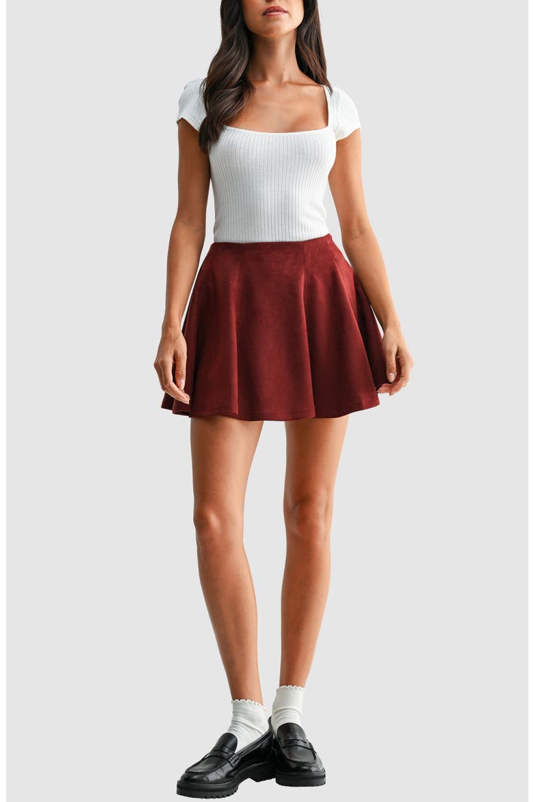 Faux Suede Flare Miniskirt, Alternate, color, CHERRY BROWN