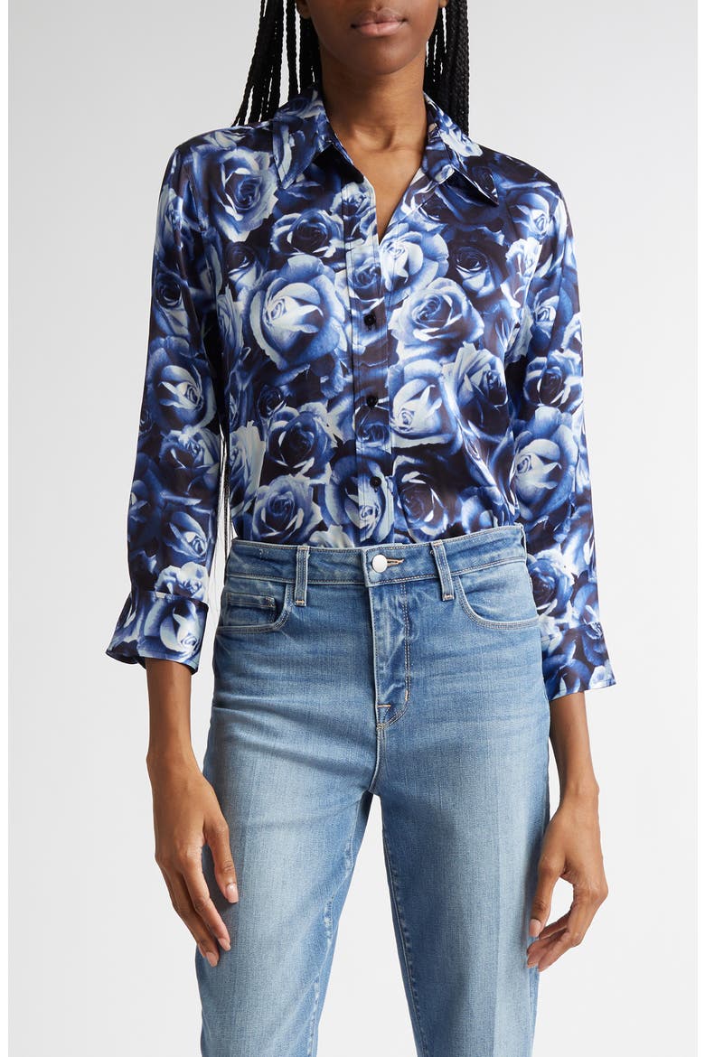 Dani Rose Print Silk Blouse, Main, color, MIDNIGHT MULTI ROSE BUNCH