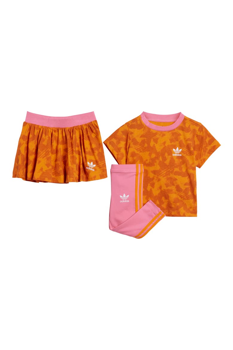 Kids' Summer Print T-Shirt, Skirt & Leggings Set, Main, color, BRIGHT ORANGE/ PINK FUSION