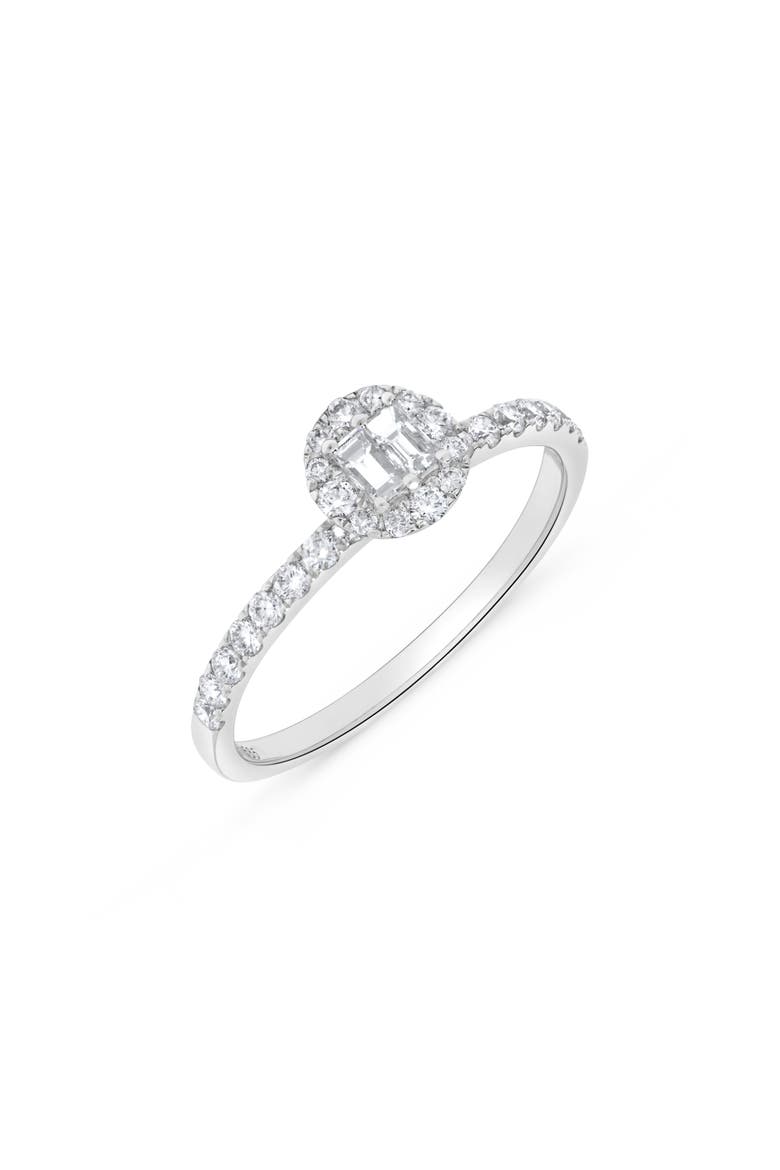 Baguette Diamond & Round Halo Ring in 14K White Gold, Main, color, 14K White Gold
