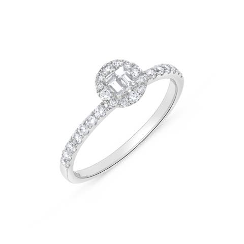 Baguette Diamond & Round Halo Ring in 14K White Gold